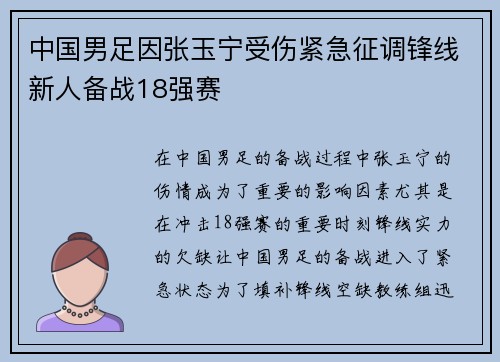 中国男足因张玉宁受伤紧急征调锋线新人备战18强赛