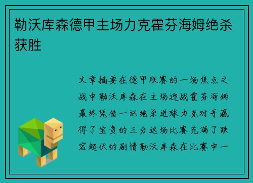 勒沃库森德甲主场力克霍芬海姆绝杀获胜 勒沃库森德甲主场力克霍芬海姆绝杀获胜